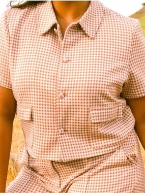 Ivy City Co Pink Gingham Short-Sleeve Button Front Top